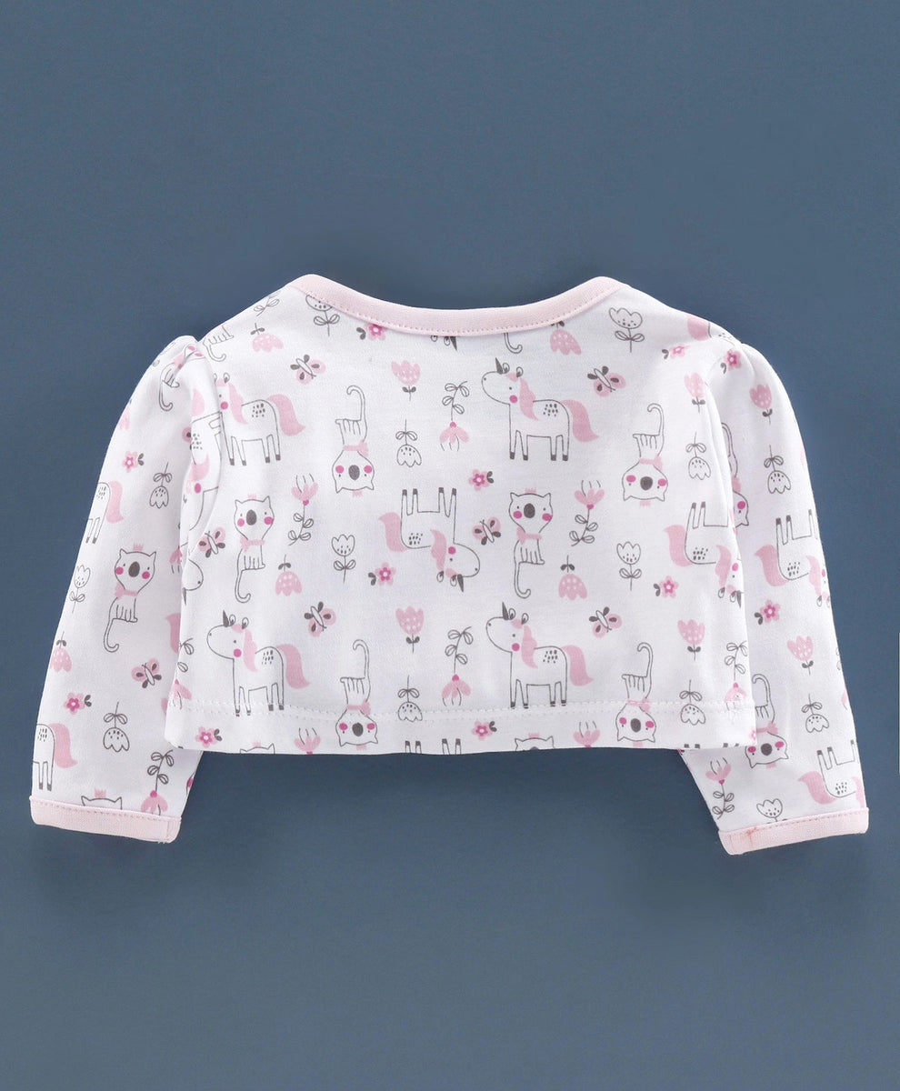 Babyhug Poplin Floral Printed Frock with Knit Full Sleeves Shrug - White & Red main image 0