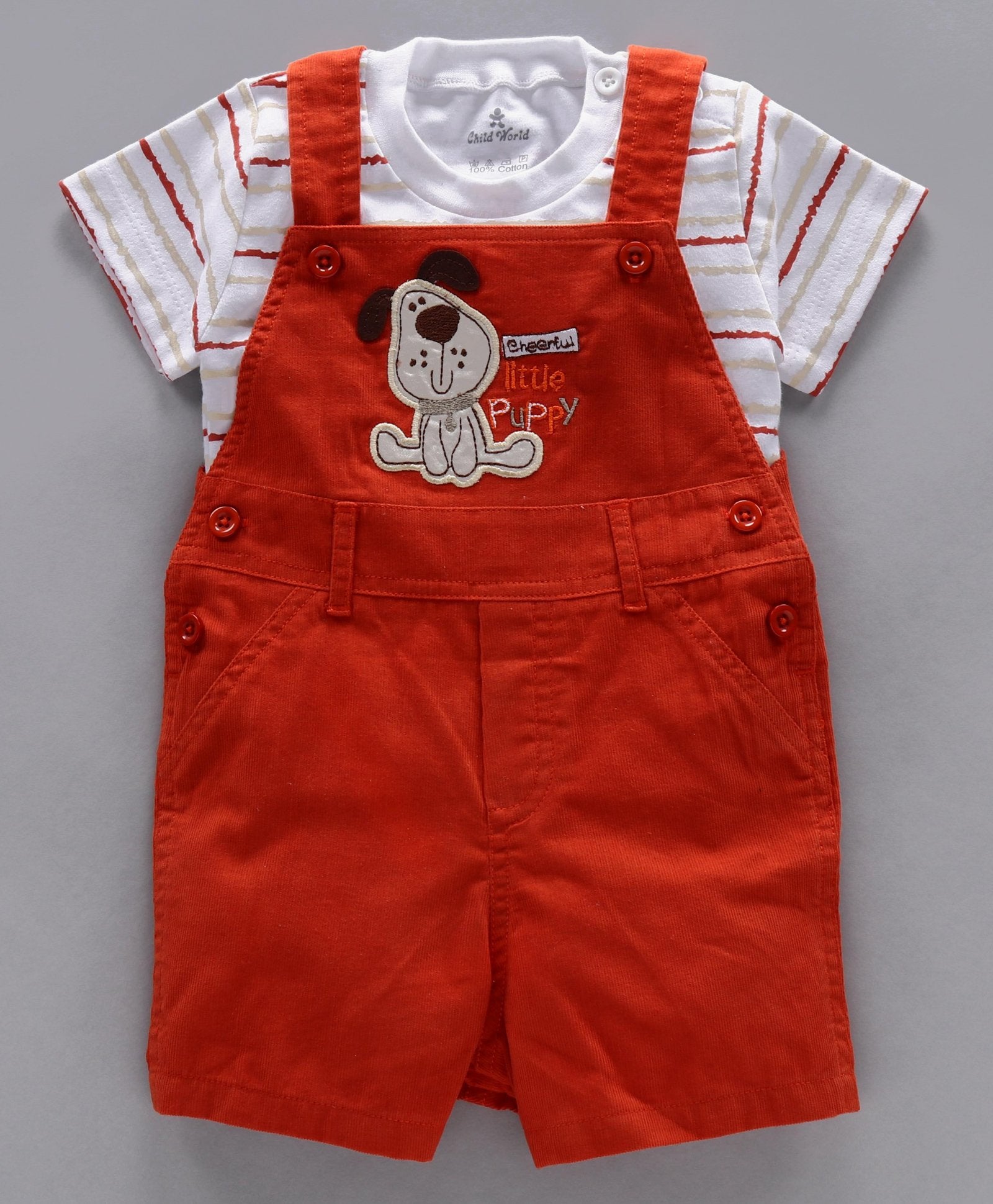 Smart & Comfortable Corduroy Dungaree With T-Shirt Puppy Embroidery