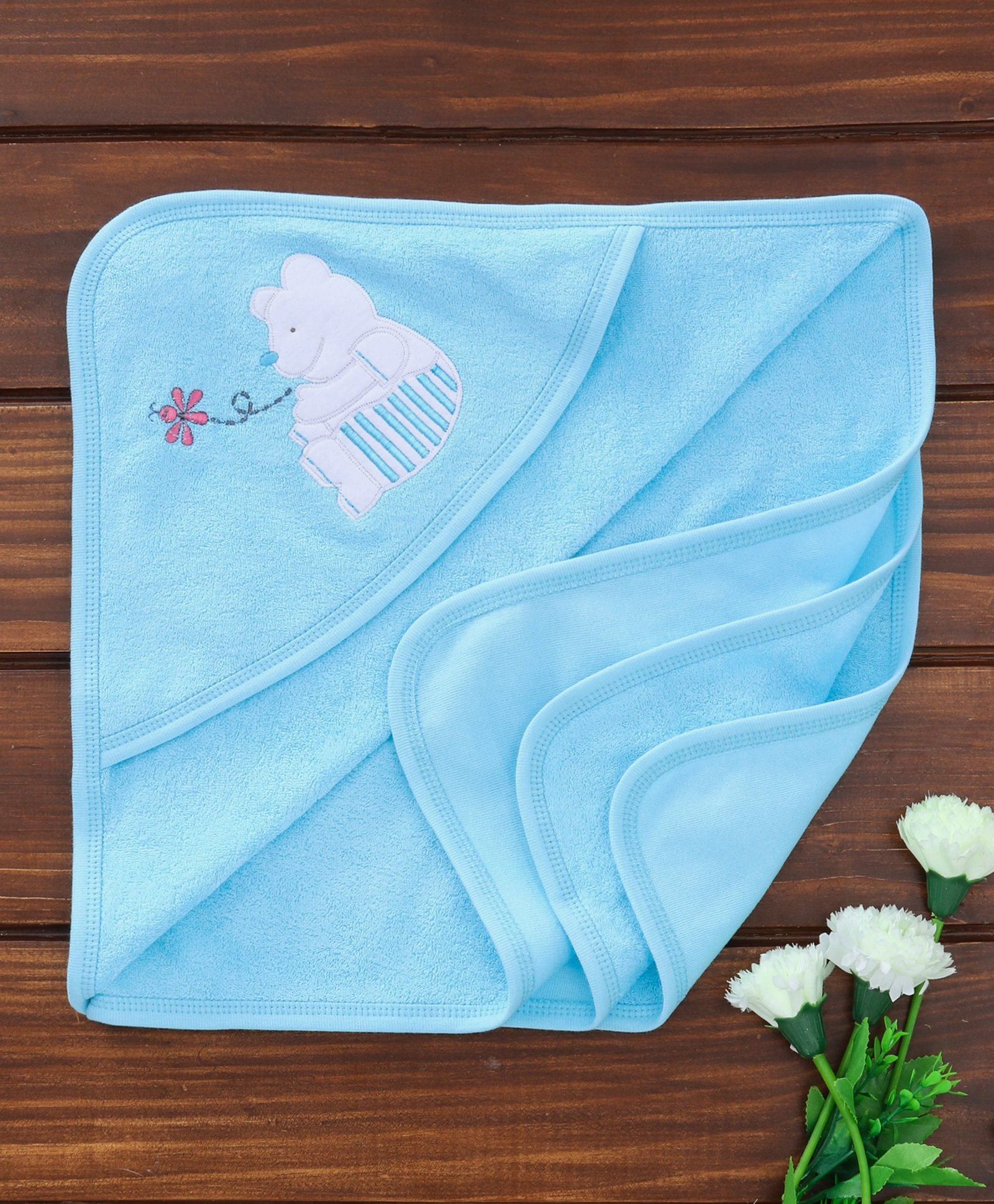 100% Cotton Terry Hooded Bath Towel With Cute Bear Embroidery