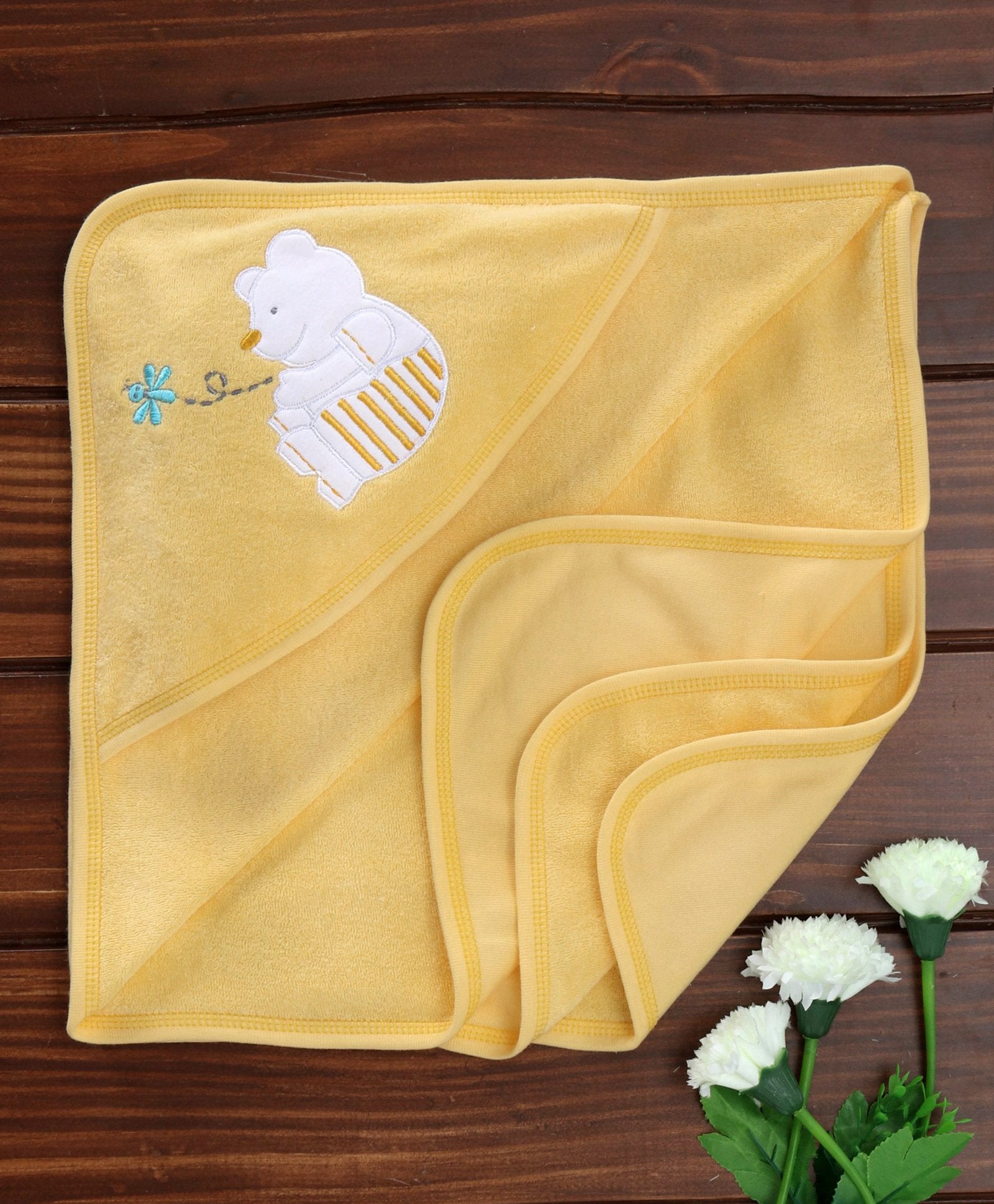 100% Cotton Terry Hooded Bath Towel With Cute Bear Embroidery