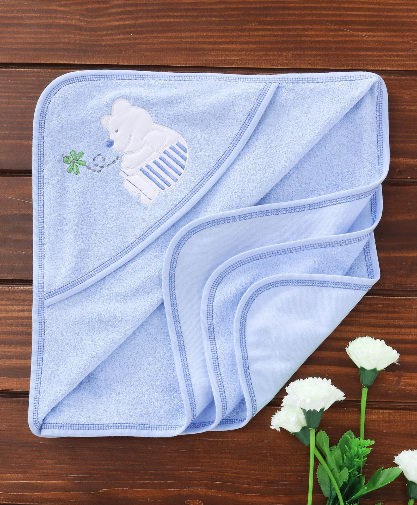 100% Cotton Terry Hooded Bath Towel With Cute Bear Embroidery