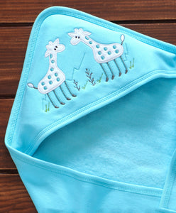 100%  COTTON FLEECY HOODED BLANKET WITH CUTE GIRAFFEE EMBROIDERY