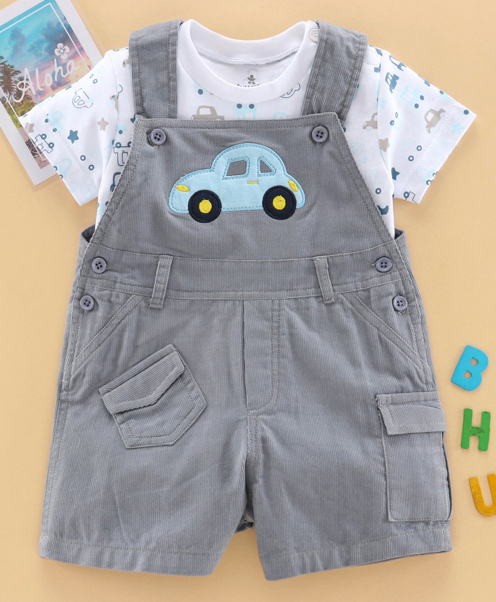 Smart & Comfortable Corduroy Dungaree With T-Shirt Car Embroidery