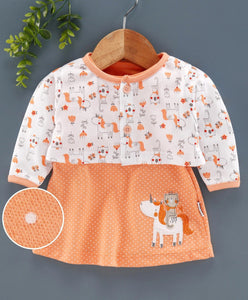 100% Cotton Interlock Frock With Full Sleeves Shrug Unicorn Embroidery