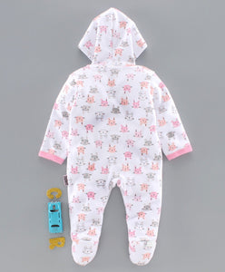 100% Cotton Fleecy Bunny Print Full Sleeves Hooded & Footed Romper