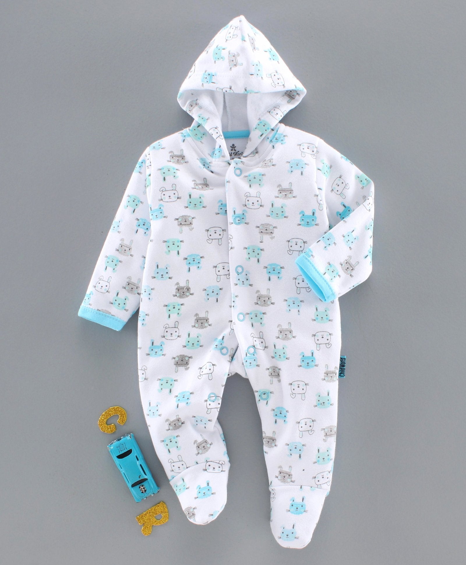 100% Cotton Fleecy Bunny Print Full Sleeves Hooded & Footed Romper