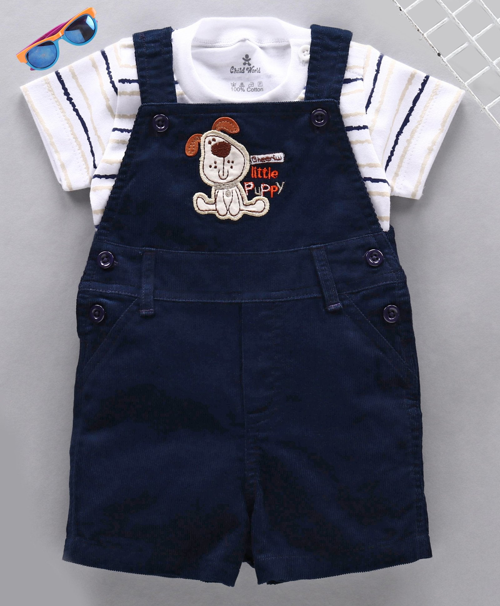 Smart & Comfortable Corduroy Dungaree With T-Shirt Puppy Embroidery